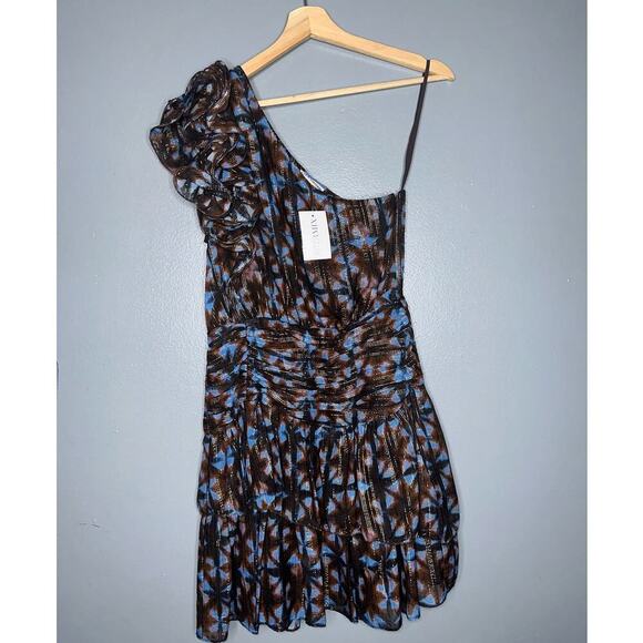 Ulla Johnson Kaia Ruffled One Shoulder Mini Dress NWT Blue/Brown Multi Size 2 - Picture 2 of 8